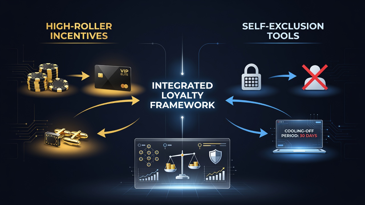 Integrated casino system interface displaying synchronized loyalty rewards and exclusion status checks