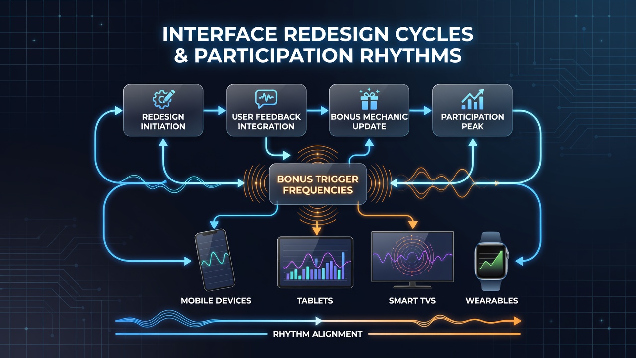 Multi-device entertainment platform showing synchronized interface redesign elements and bonus timing indicators across mobile and desktop views