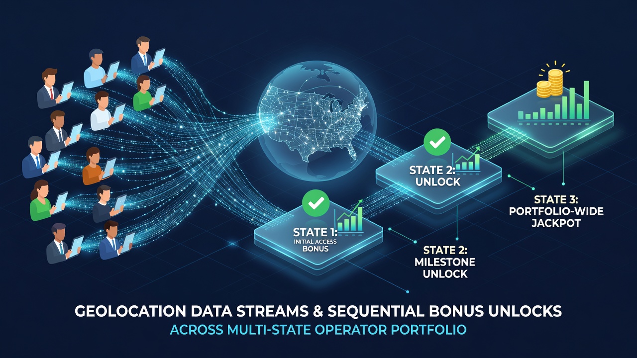 Dashboard view of sequential bonus triggers driven by live geolocation feeds in operator control rooms