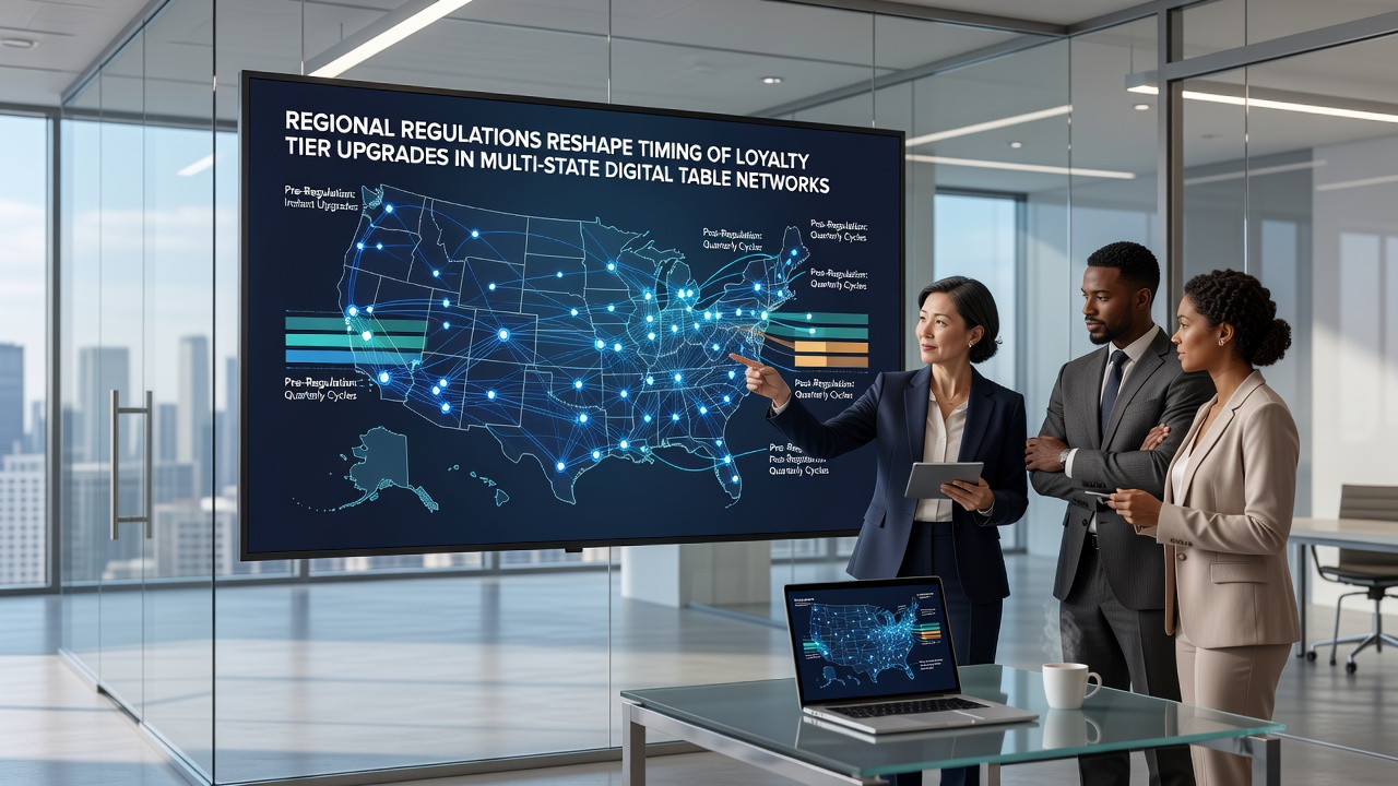 Regulatory documents and digital interfaces showing loyalty tier adjustments across state lines